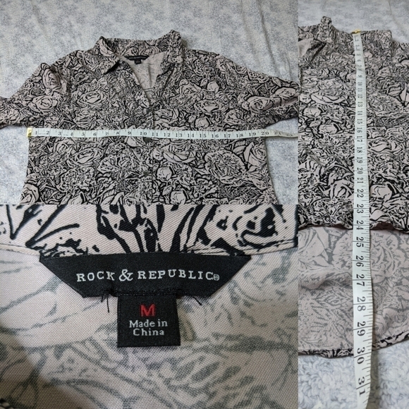 ✨3/$15 Rock & republic black cream rose button up M - Picture 5 of 5